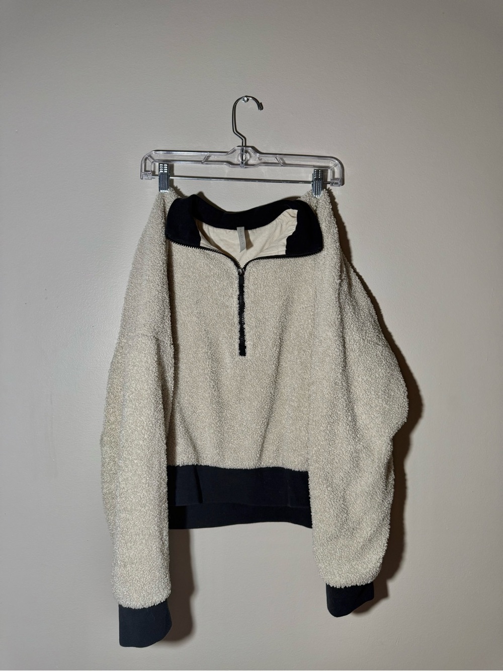Fabletics Dream Polar Sherpa Half Zip Pullover Cream Black Trim